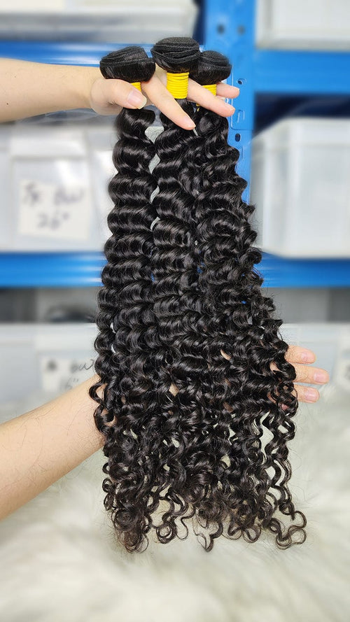 Queen Hair Inc 10A Human Hair Bundles Hair Weave 10-30 Inch Deep Wave Virgin Hair - #1b Color 3/4 bundles