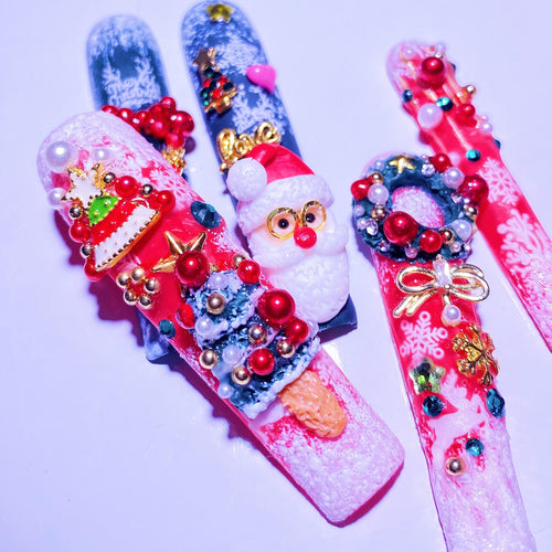 Queen Hair Inc Hand-made, 10 Pcs Santa Claus Charms Red Press-on Nails & Tool Kit ,Reusable,Manicure Set,Long Nails for Women&girls,DIY Manicure,Removable Nail Art,Custompresson