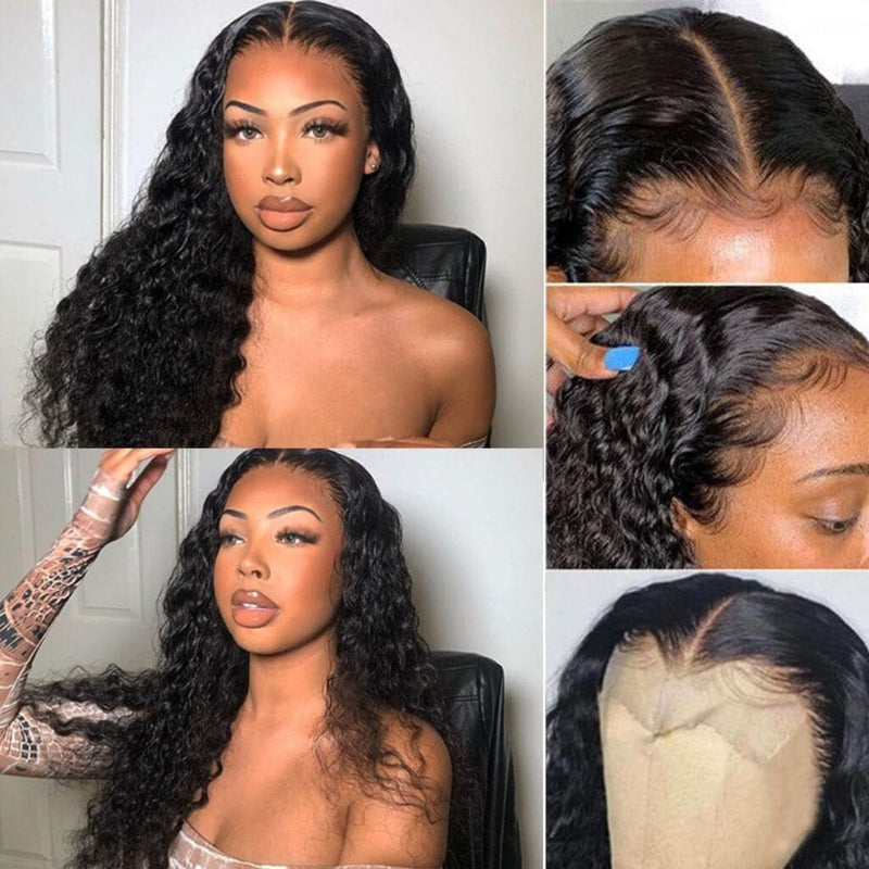 Queen Hair Inc Lace Frontal Wigs 13x4 Water Wave Human Hair Wigs 250% 180% Density #1B Natural Color