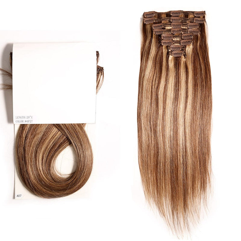 Queen Hair Inc Clip-in 120G Straight Human Hair Extensions 8 Piece Mixed Color Brown Clip ins Hair 14"-24"