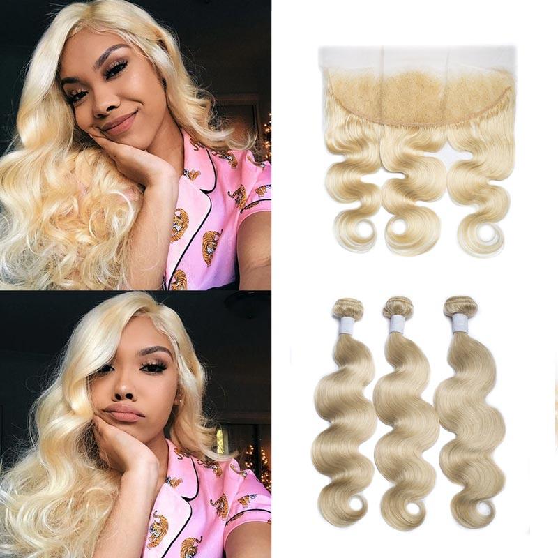 Queen Hair Inc 10A  613 Blonde Hair 2/3bundles with 13*4 Lace Frontal Body wave 100% Human Hair