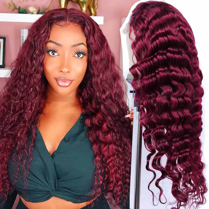 Queen Hair Inc Queenhairinc Burgundy Lace Front Wig 99J Human Hair Wig Water Wave 13x4 Colored Wigs 180 Density