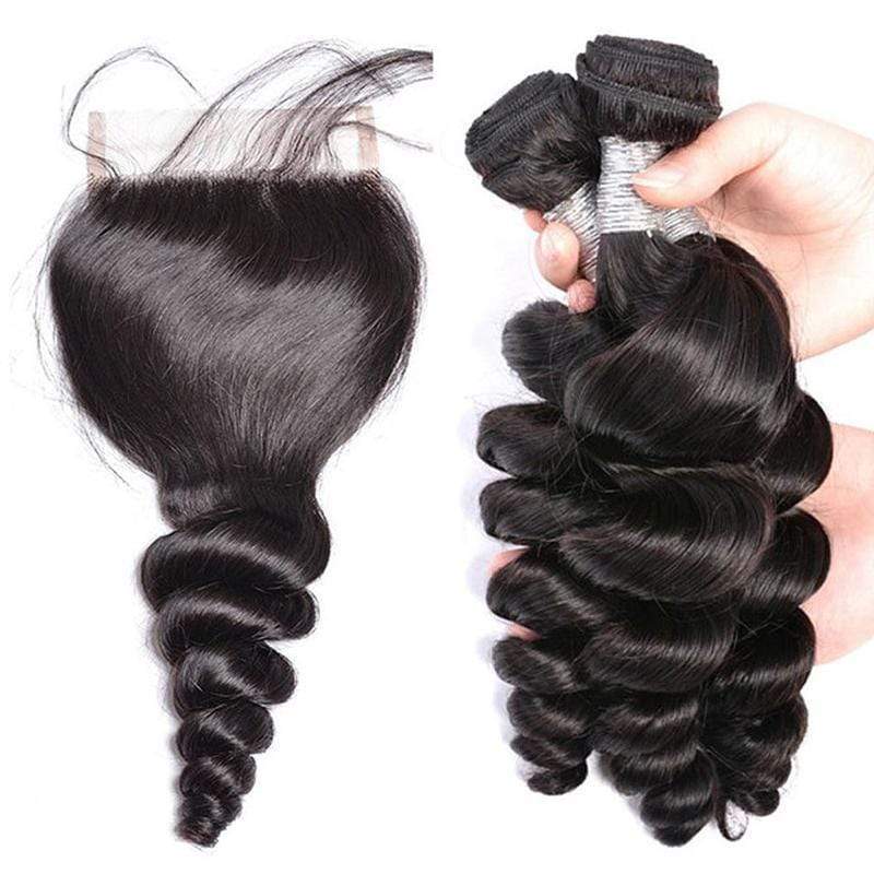Queen Hair Inc 9A 3 Remy Hair bundles + 4X4 Lace Closure Loose Wave #1b