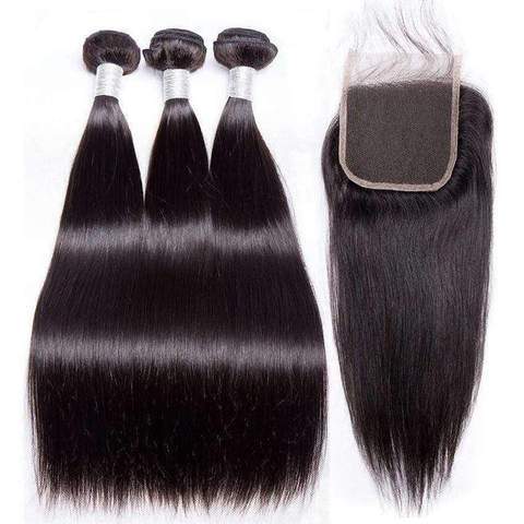 Queen Hair Inc 9A 3 Remy Hair bundles + 4X4 Lace Closure Straight #1b 🛫