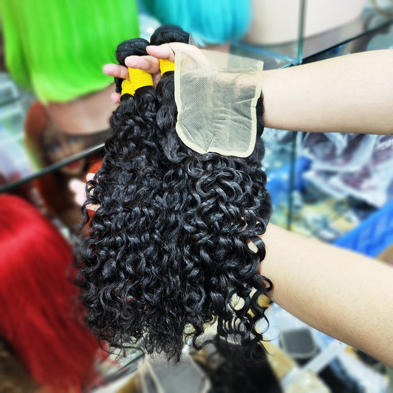 Queen Hair 10A 3 Remy Hair bundles + 4X4 Lace Closure Water Wave #1b 🛫
